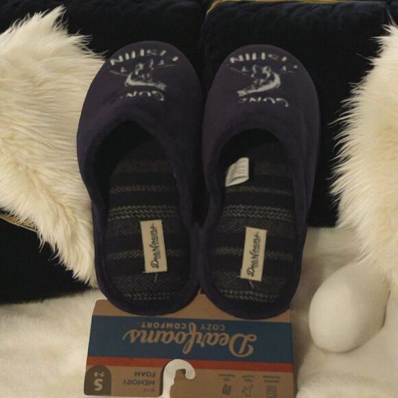 Dearfoams Mens Cozy Comfort Memory Foam Gone Fishin Slippers Size S 7/8 Blue - Picture 15 of 16